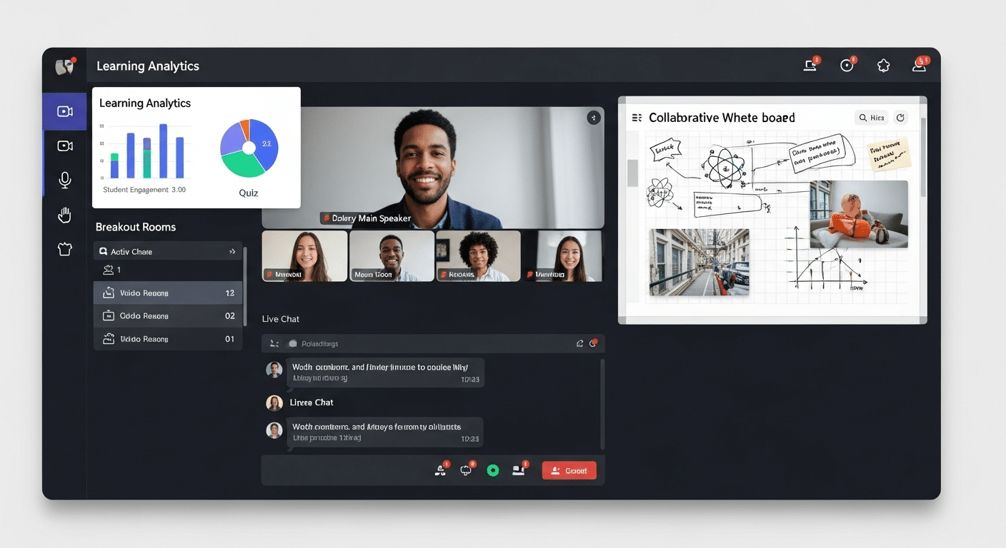 All-in-one virtual classroom platform interface showing video, whiteboard, chat, breakout rooms, and learning analytics