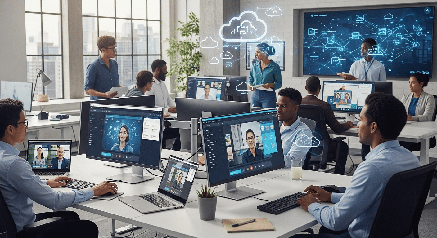 Cloud-based virtual training platform with professionals learning through interactive labs and digital collaboration tools.