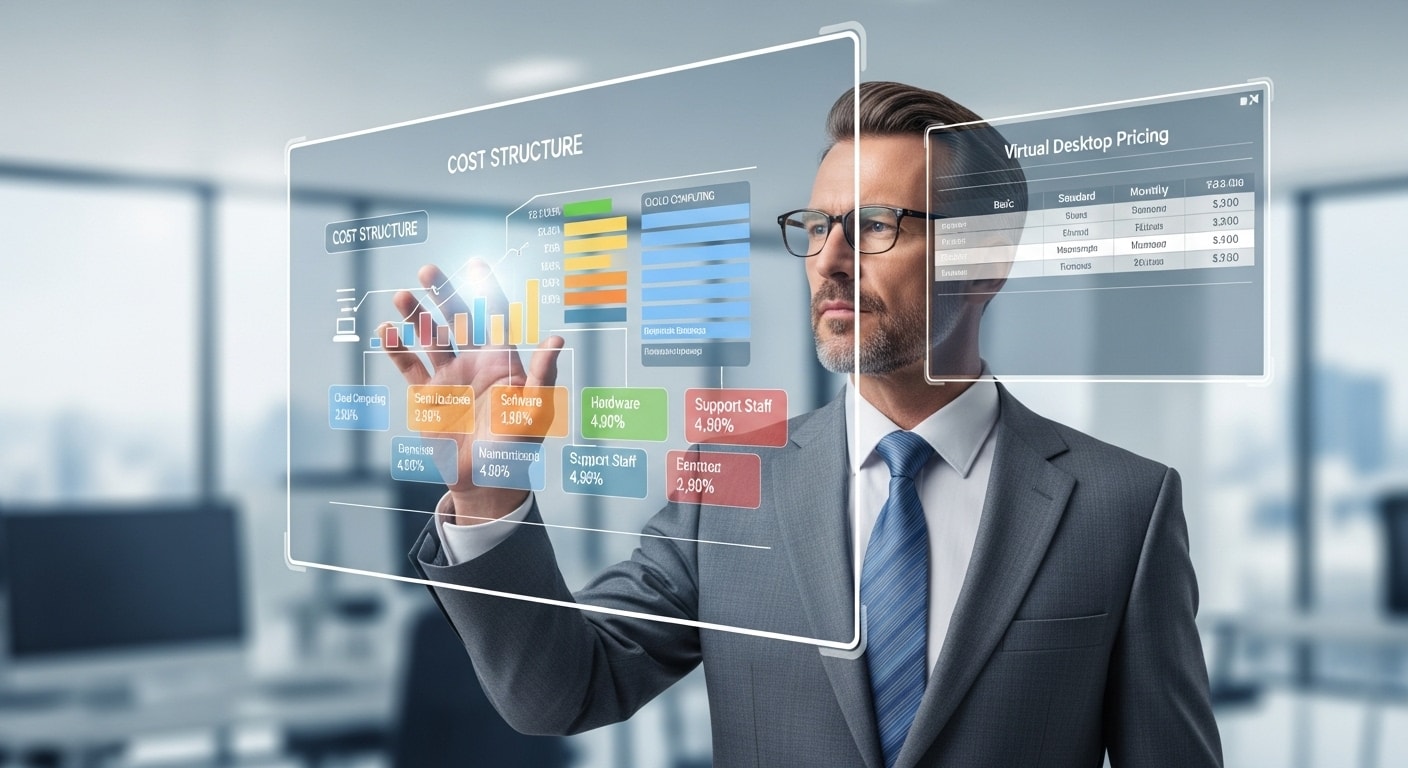 Business executive reviewing holographic cost structure charts and virtual desktop pricing models in a modern office.
