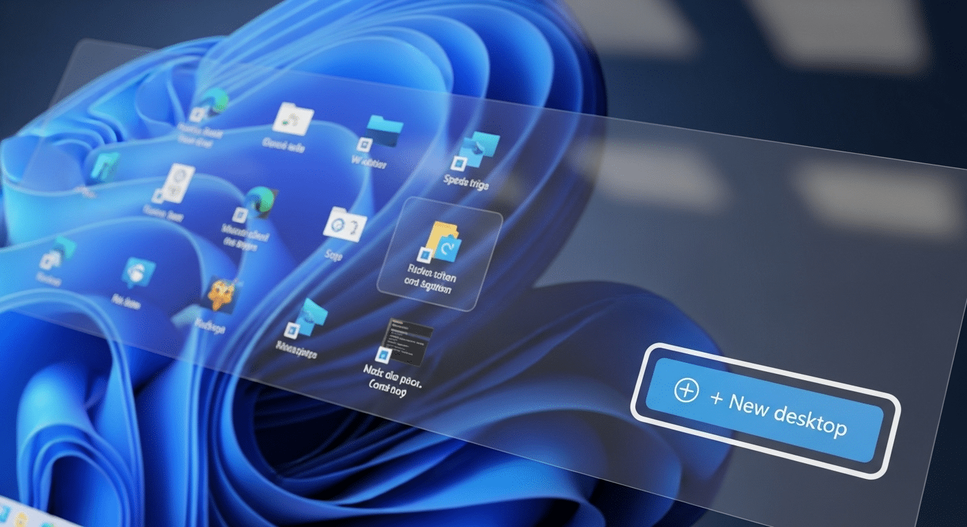 Windows 11 Task View interface showing the '+ New desktop' button for creating virtual desktops.