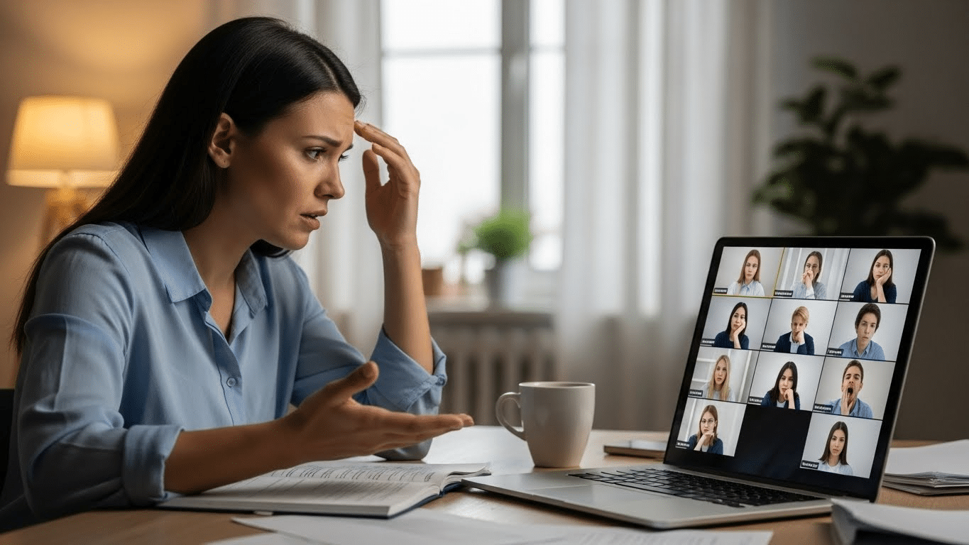 Teacher struggling to engage students during an online video session, highlighting real challenges within what is a virtual classroom.