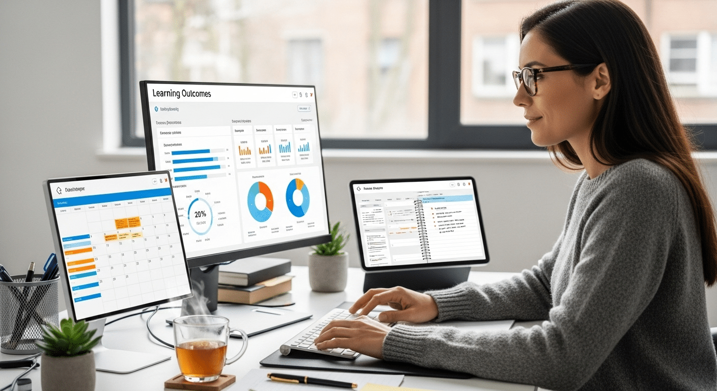 Teacher planning online course goals and lesson objectives using digital notes, calendars, and learning outcomes dashboard