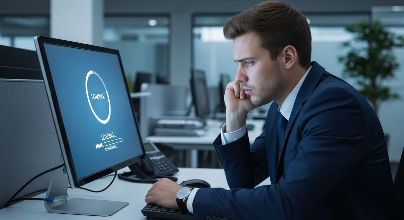Business professional waiting at a computer with a loading screen, depicting network dependency challenges in thin client VDI environments.