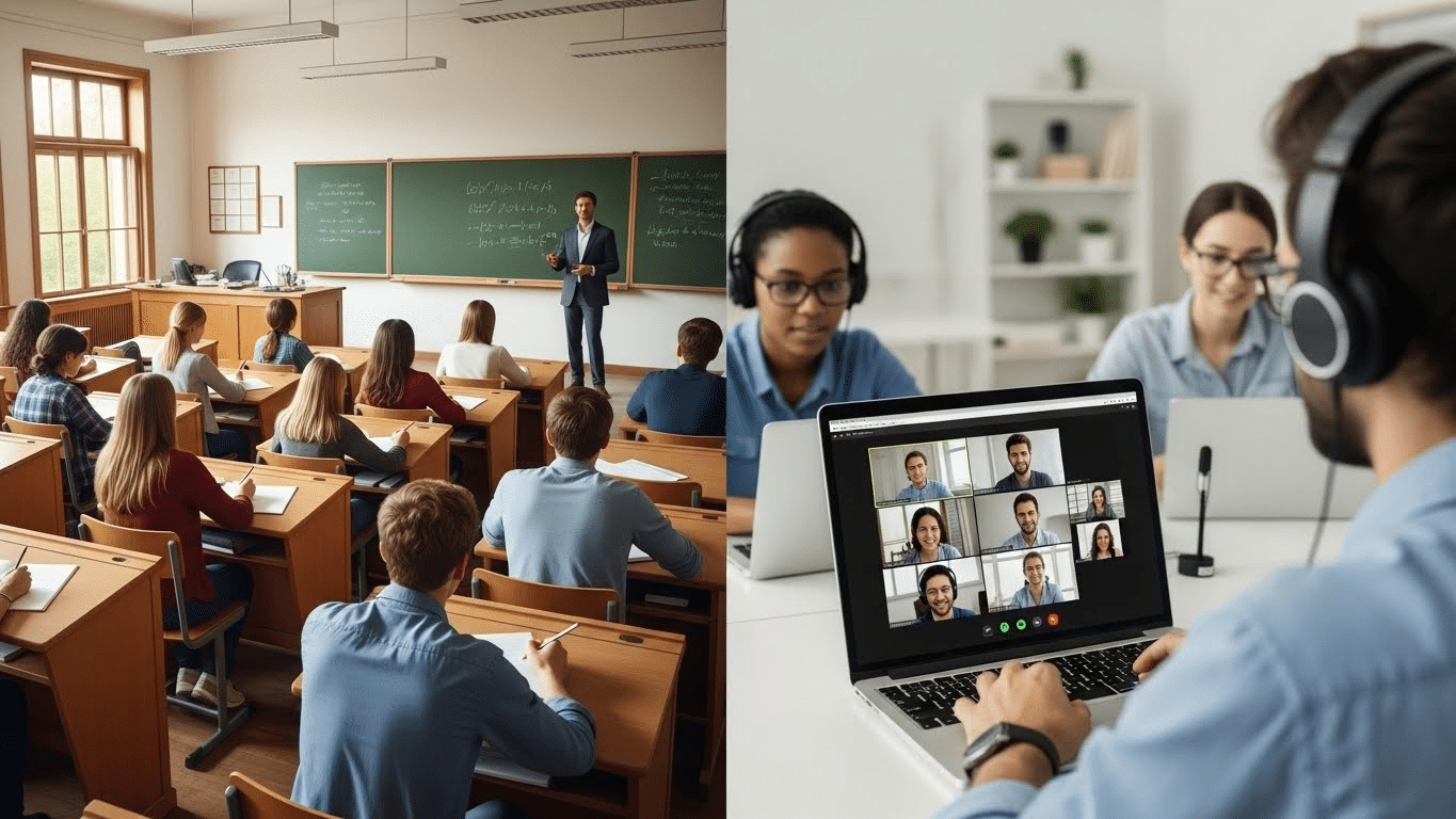 Students engaging in an online lesson using virtual classroom technology with video conferencing, reactions, and interactive tools.