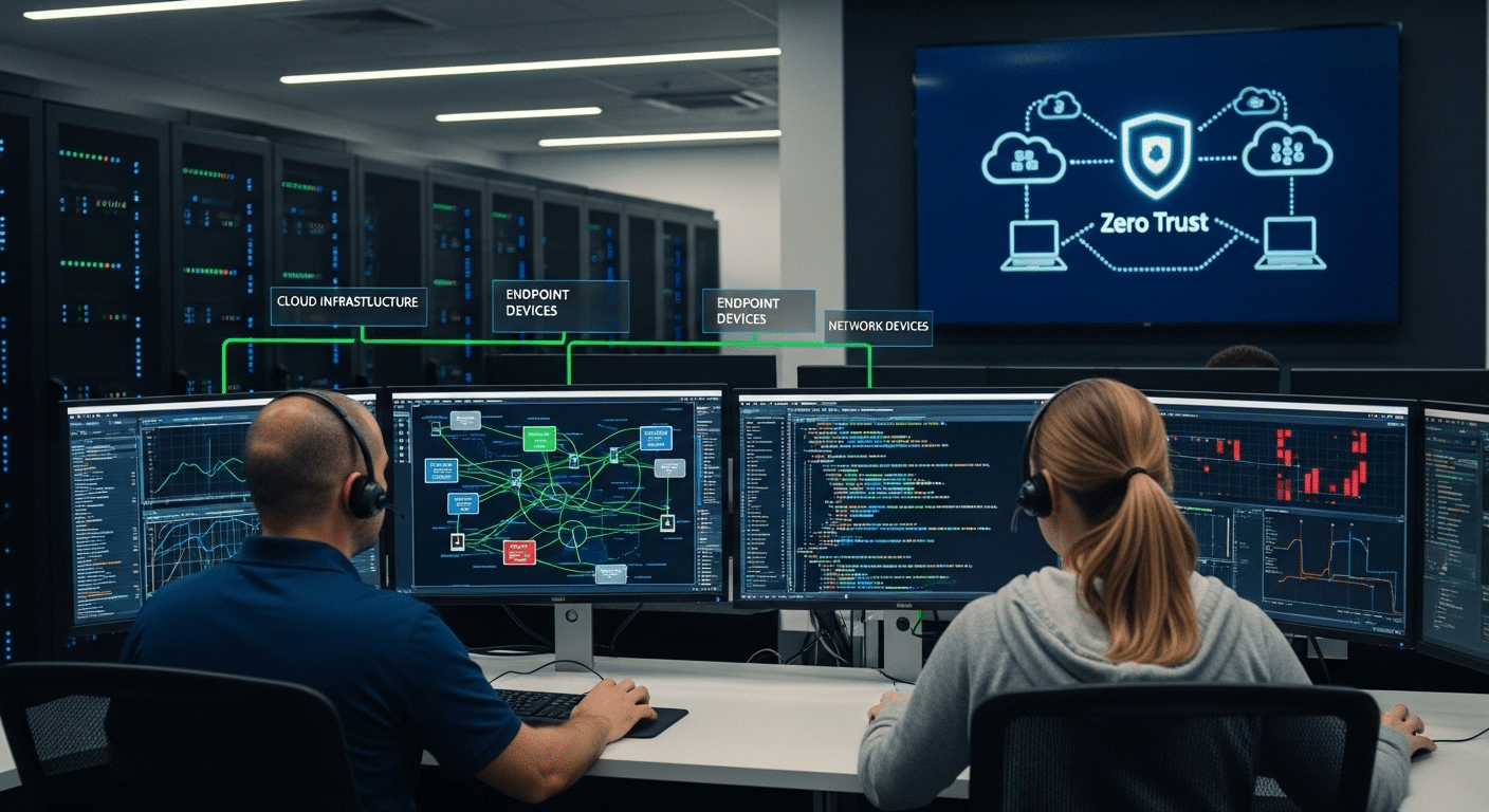 "Security operations team deploying Zero Trust policies across cloud, endpoints, and network infrastructure.