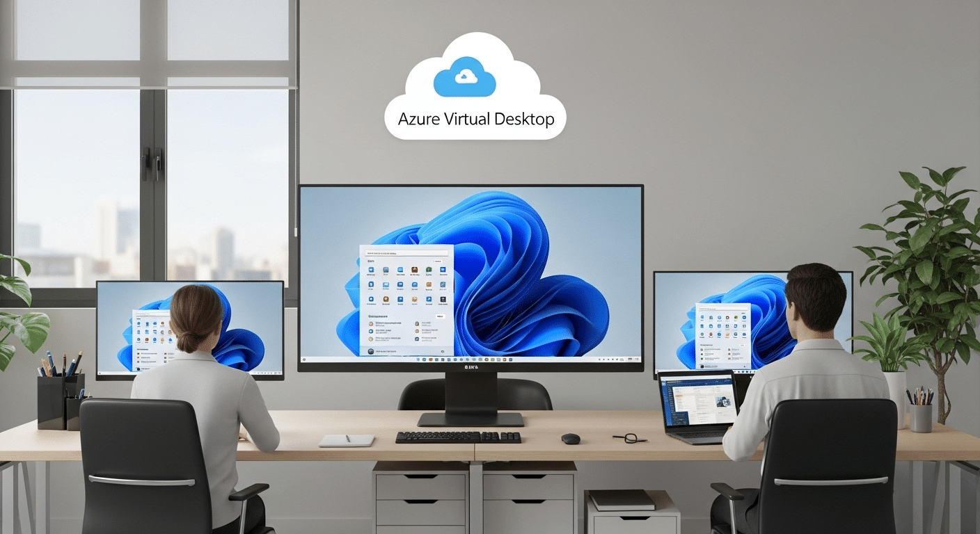 Enterprise cloud workspace showing Windows 11 desktops delivered via Azure Virtual Desktop to remote users.