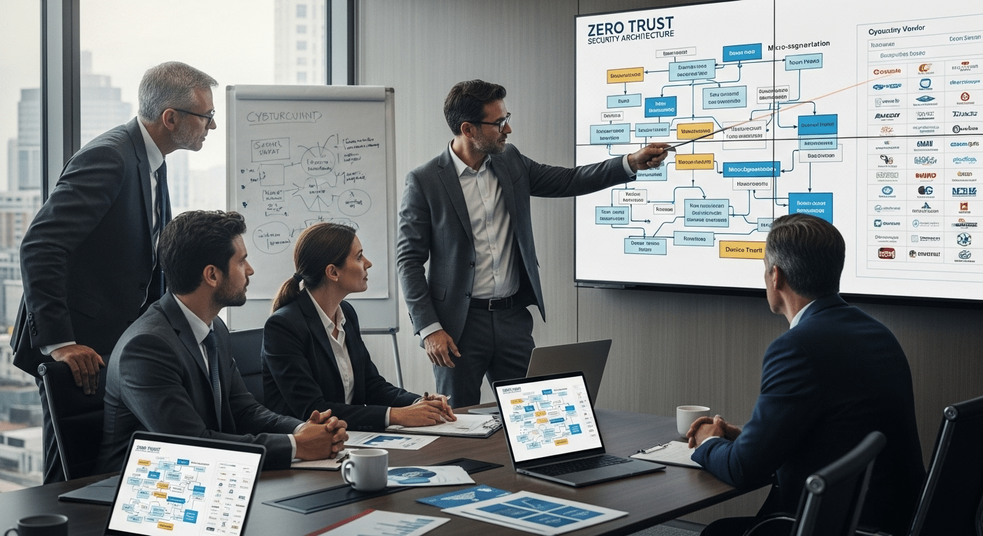 Executive IT decision-making scene reviewing Zero Trust security vendor options and architecture diagrams