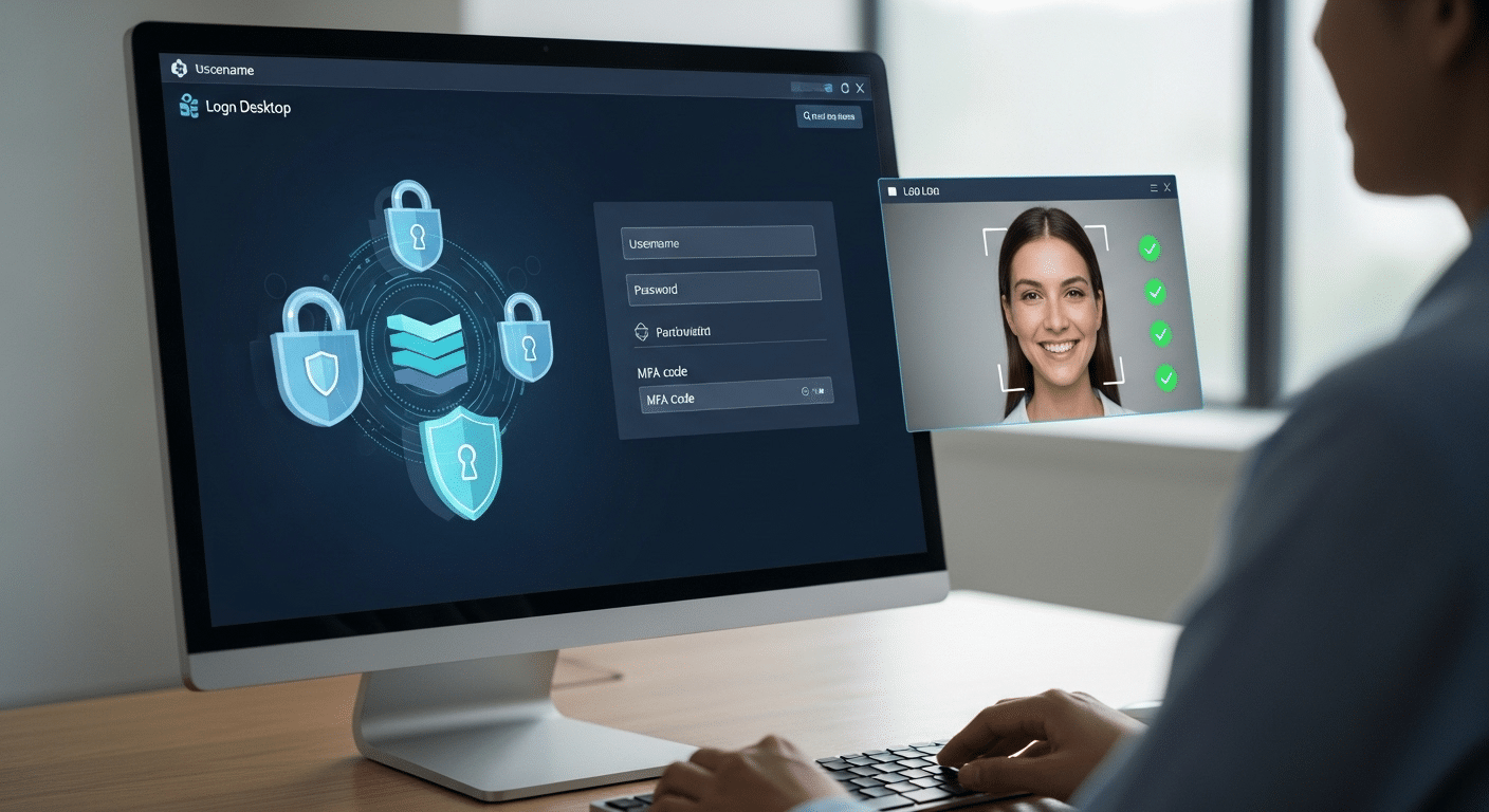 Secure virtual desktop login process with multi-factor authentication, encryption layers, and identity verification