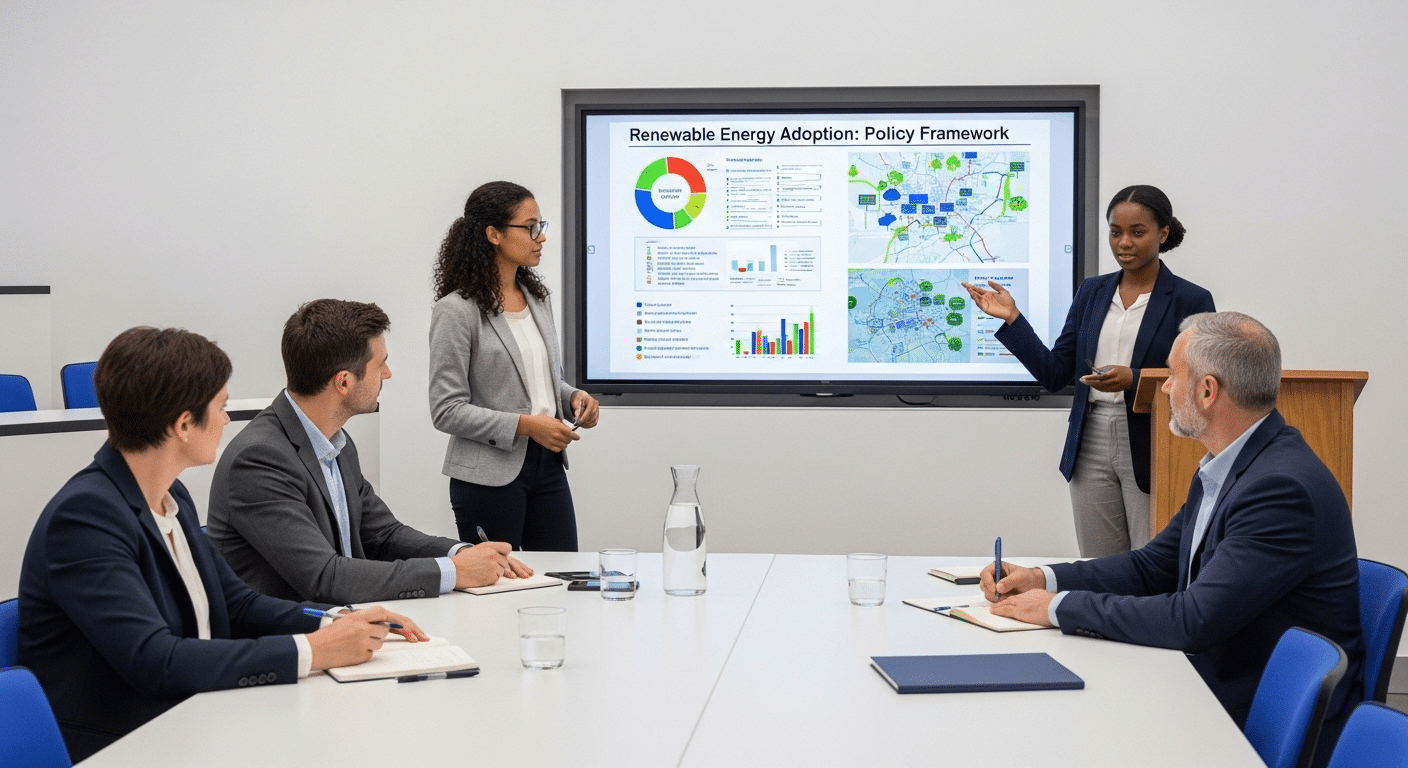 Student presenting a policy proposal to a panel, demonstrating real-world performance assessment.