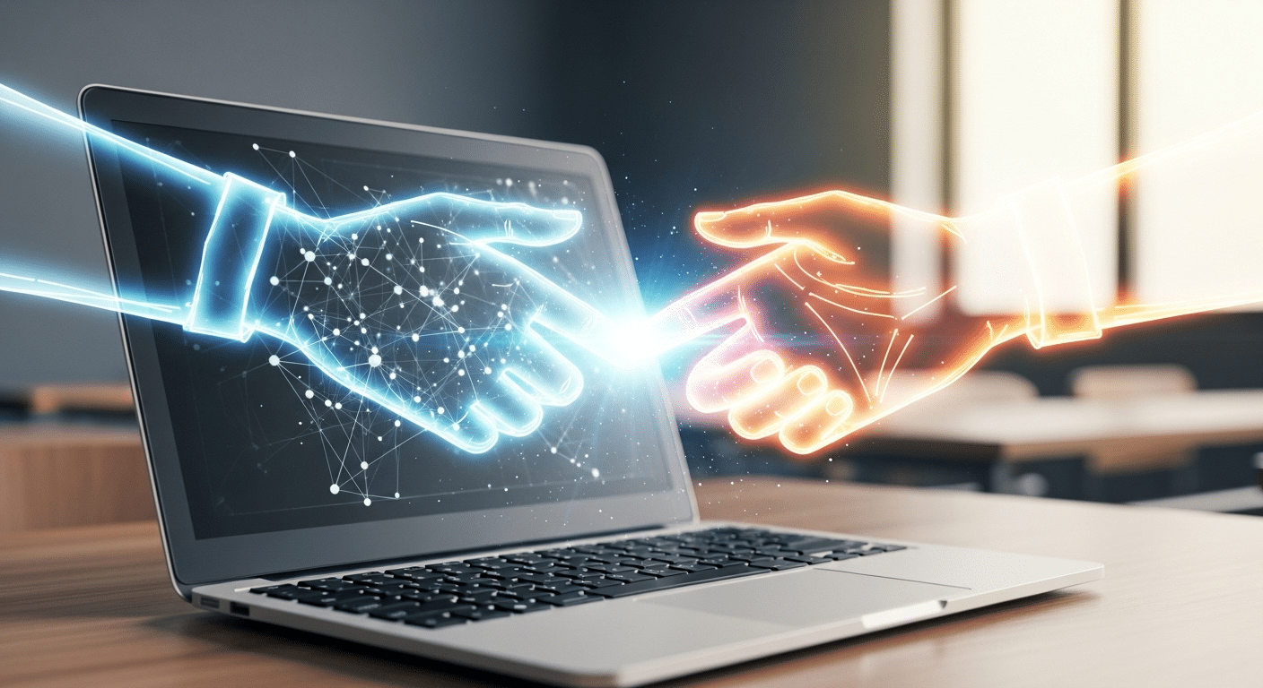 Concept image of a digital handshake over a laptop, symbolizing shared responsibility and classroom integrity.