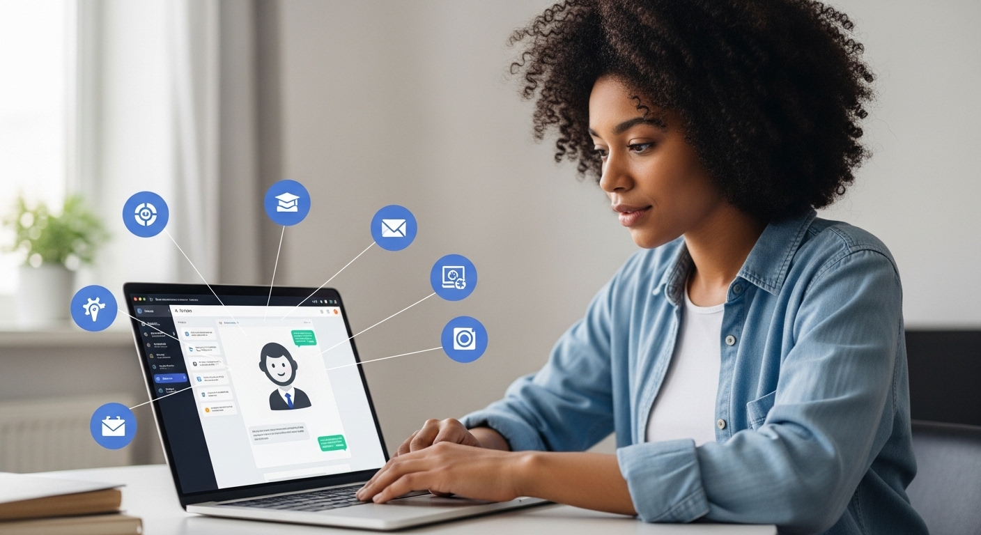 Student using AI tutor on laptop with icons highlighting personalization, instant feedback, 24/7 access, and affordability.