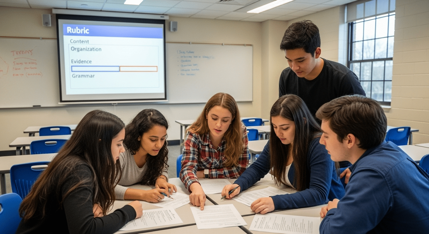 Small group of students analyzing exemplar papers with a rubric projected on the screen.