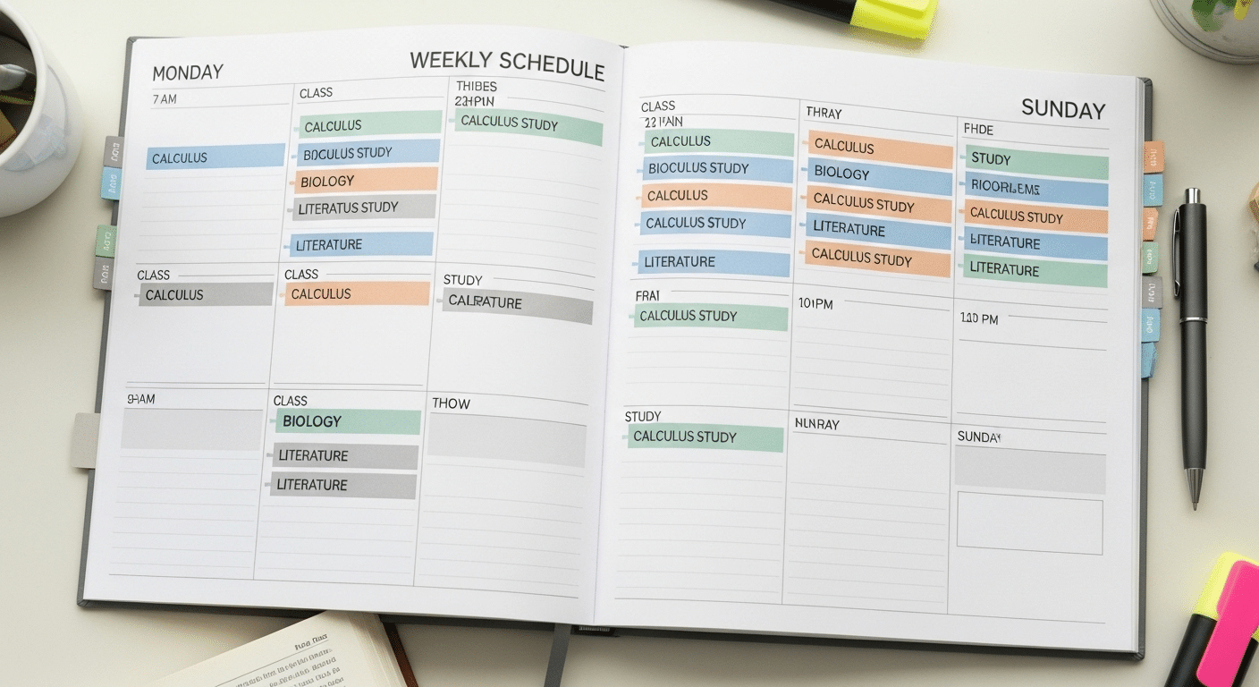 Organized weekly planner with study blocks scheduled two hours outside class for every hour in class.