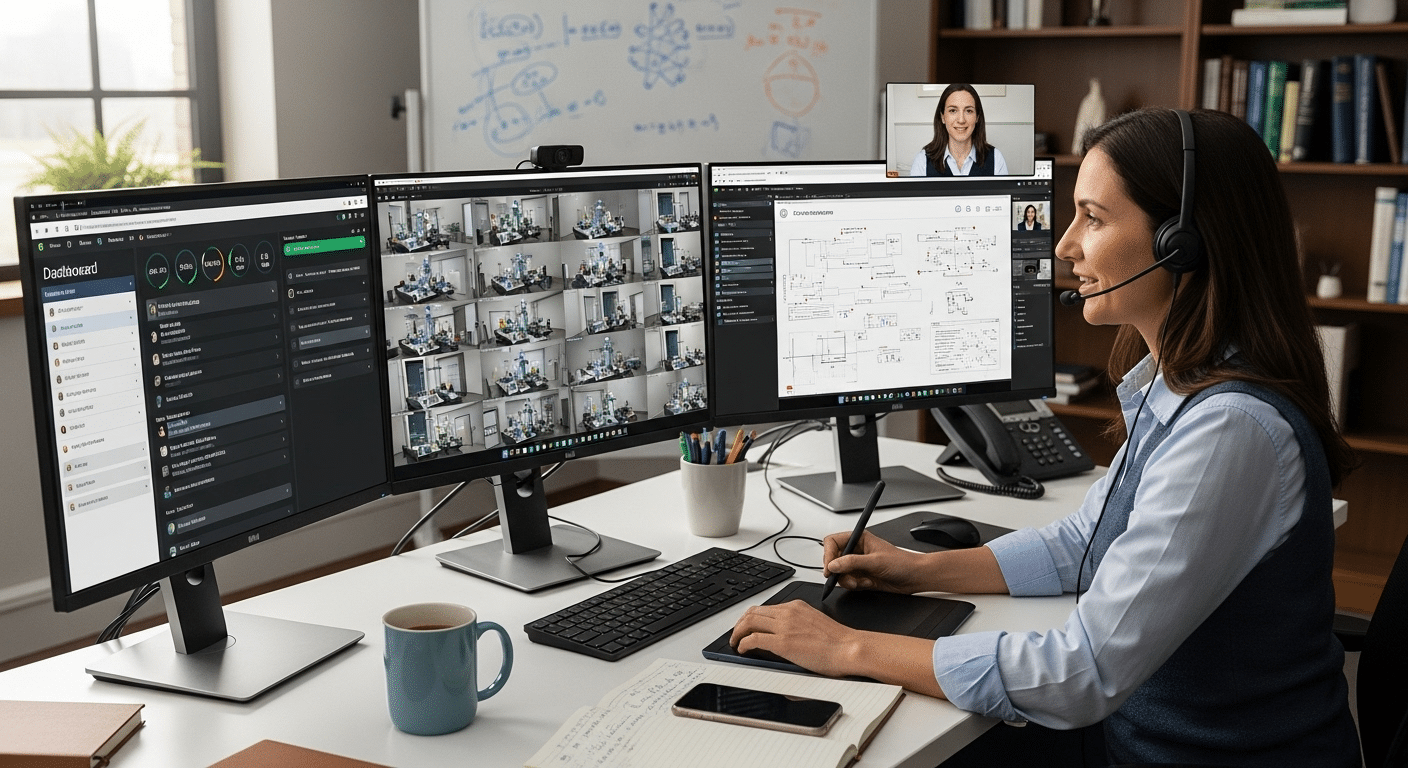 University instructor managing virtual labs for a large group of students through a centralized digital platform.