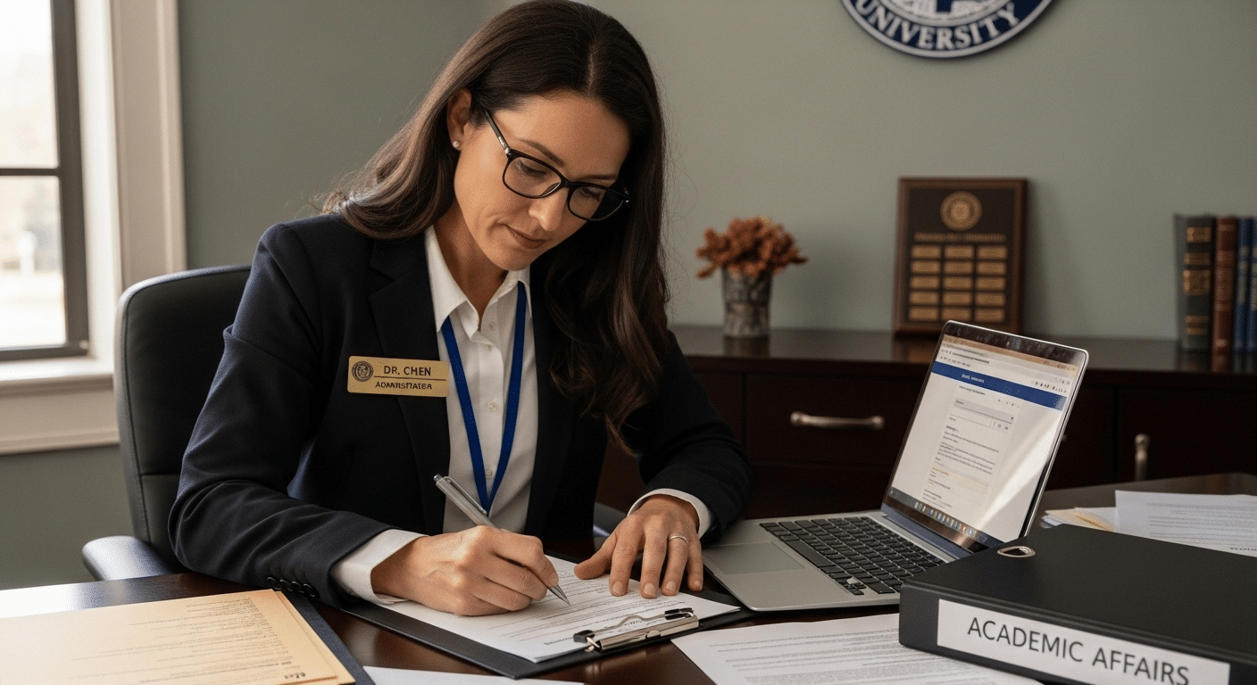 University administrator filing an academic misconduct incident report at a desk with official documents and laptop.