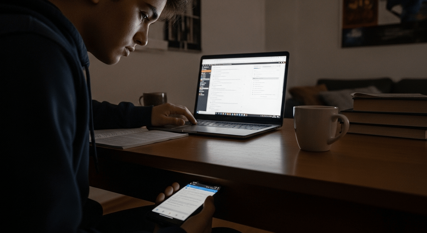 Student taking an online exam while secretly using a smartphone under the desk, representing unauthorized resources in remote testing.