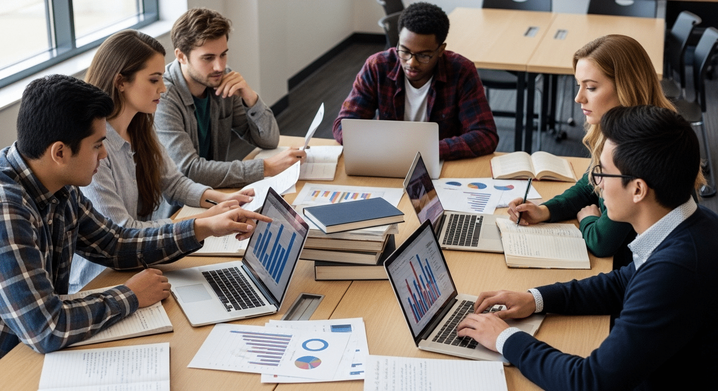 Students working on a real-world case study with charts, research notes, and laptops spread across a collaborative classroom table.