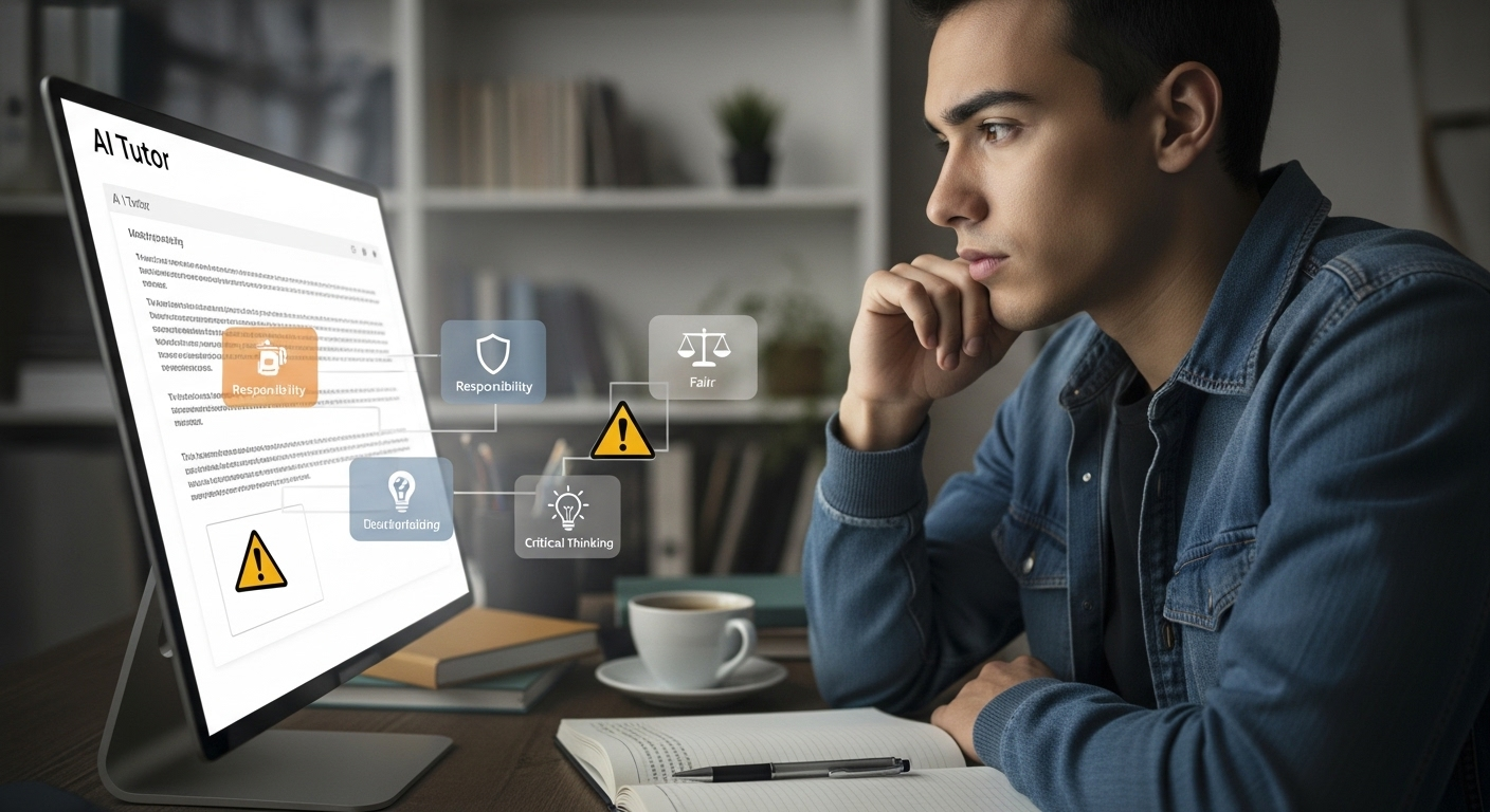 Student looking thoughtfully at AI tutor screen with subtle warning icons representing risks and responsibility.