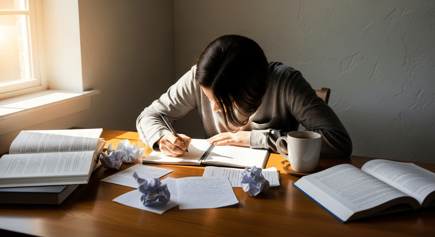 Student writing a personal college essay in a quiet room, natural light on their desk, handwritten notes and early drafts scattered nearby.