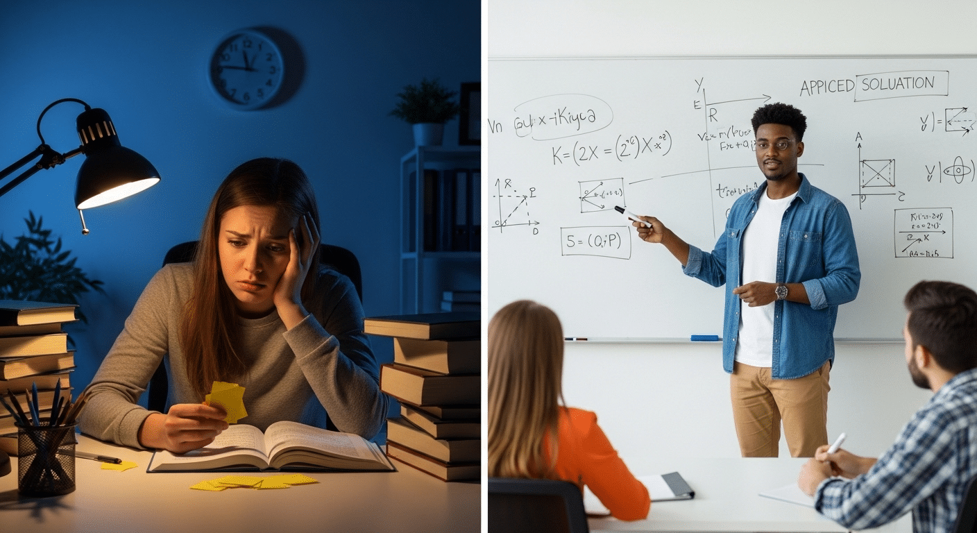 Student studying flashcards for a traditional test contrasted with another student presenting a problem-solving solution.