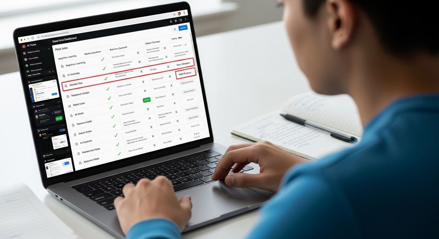 Student comparing multiple AI tutor platforms on laptop screen with feature comparison dashboard.