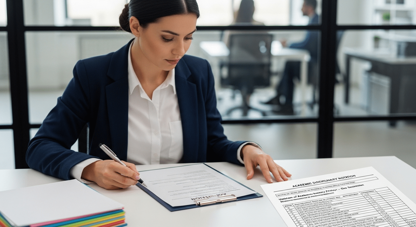 Professional in modern office reviewing job application with academic disciplinary notation visible on transcript.