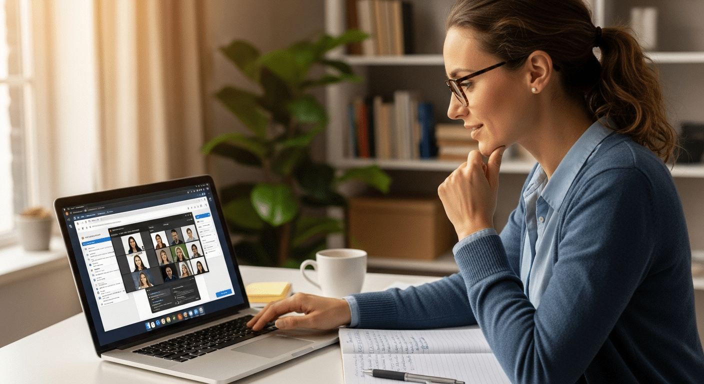 Teacher comparing virtual classroom platforms on a laptop, reviewing features for online teaching.