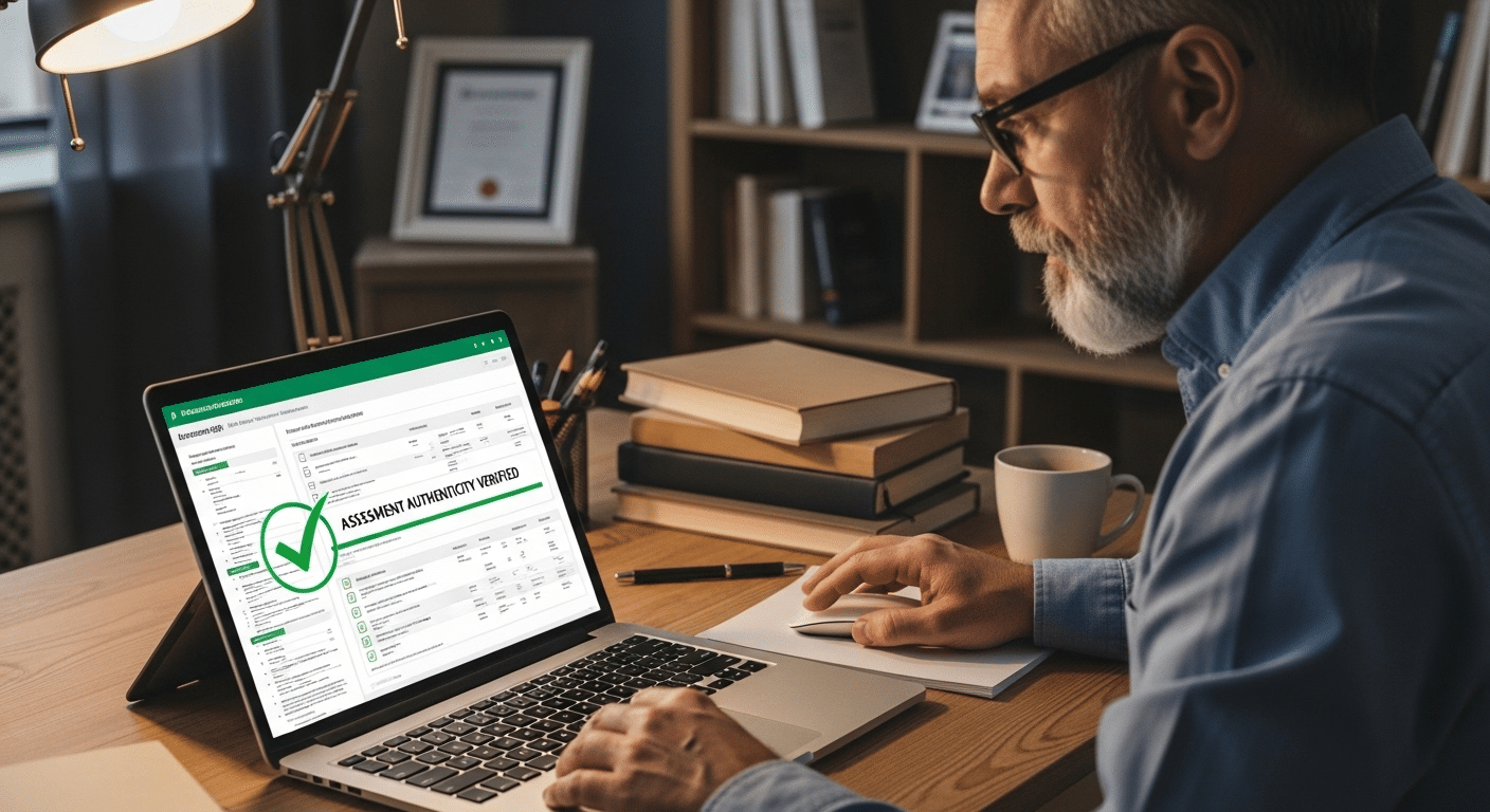Professor reviewing an assessment report on a laptop with verification checkmarks, symbolizing demonstrable academic integrity.