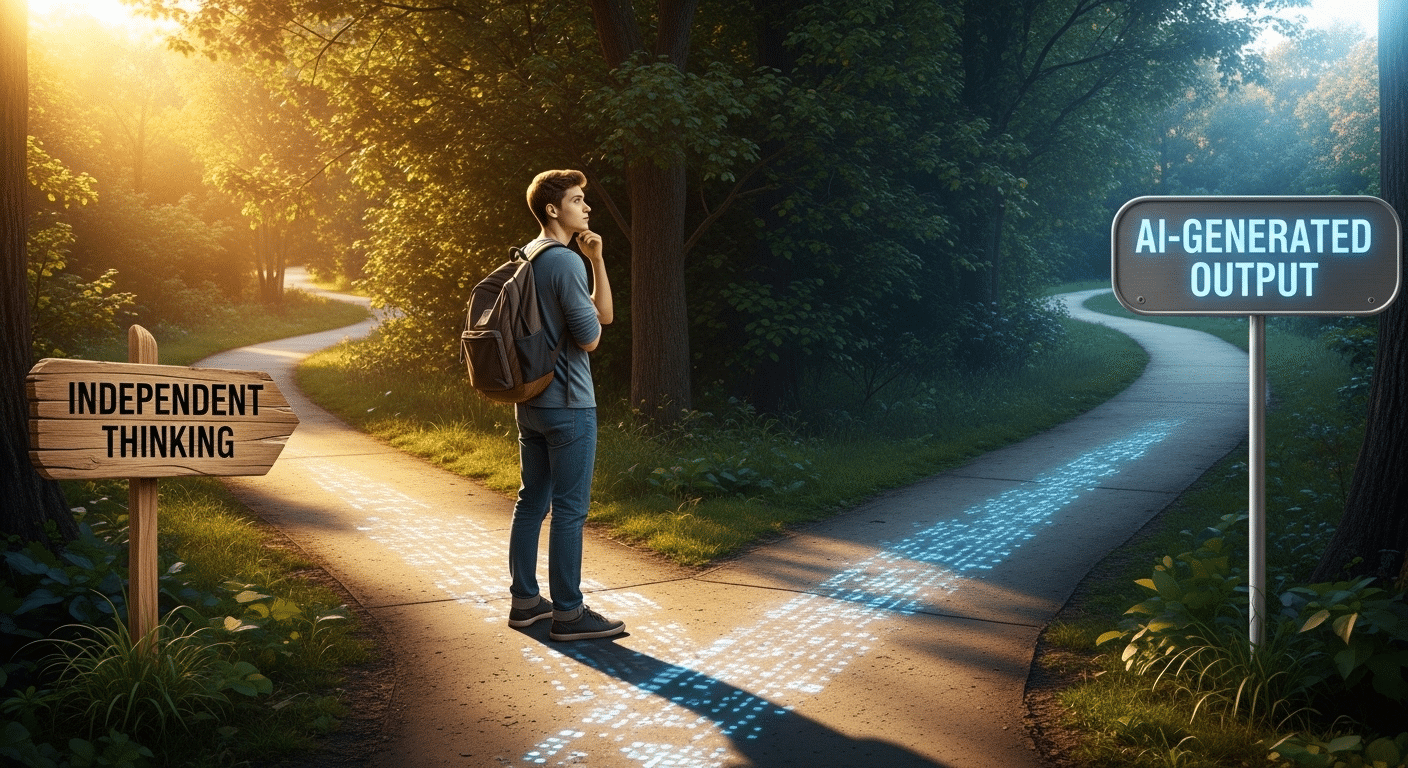 Student standing between two paths labeled ‘Independent Thinking’ and ‘AI-Generated Output.