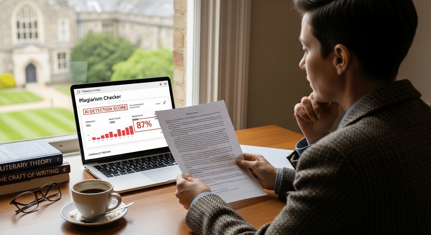 University academic setting with an AI detection score displayed on a laptop while an instructor thoughtfully reviews a printed essay beside it.