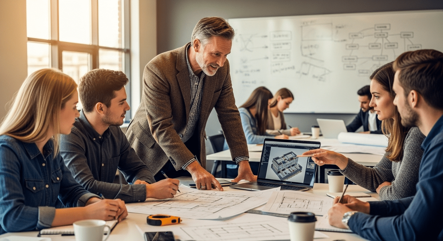 Professor guiding students through a project-based learning session solving a real-world industry problem in a collaborative classroom.