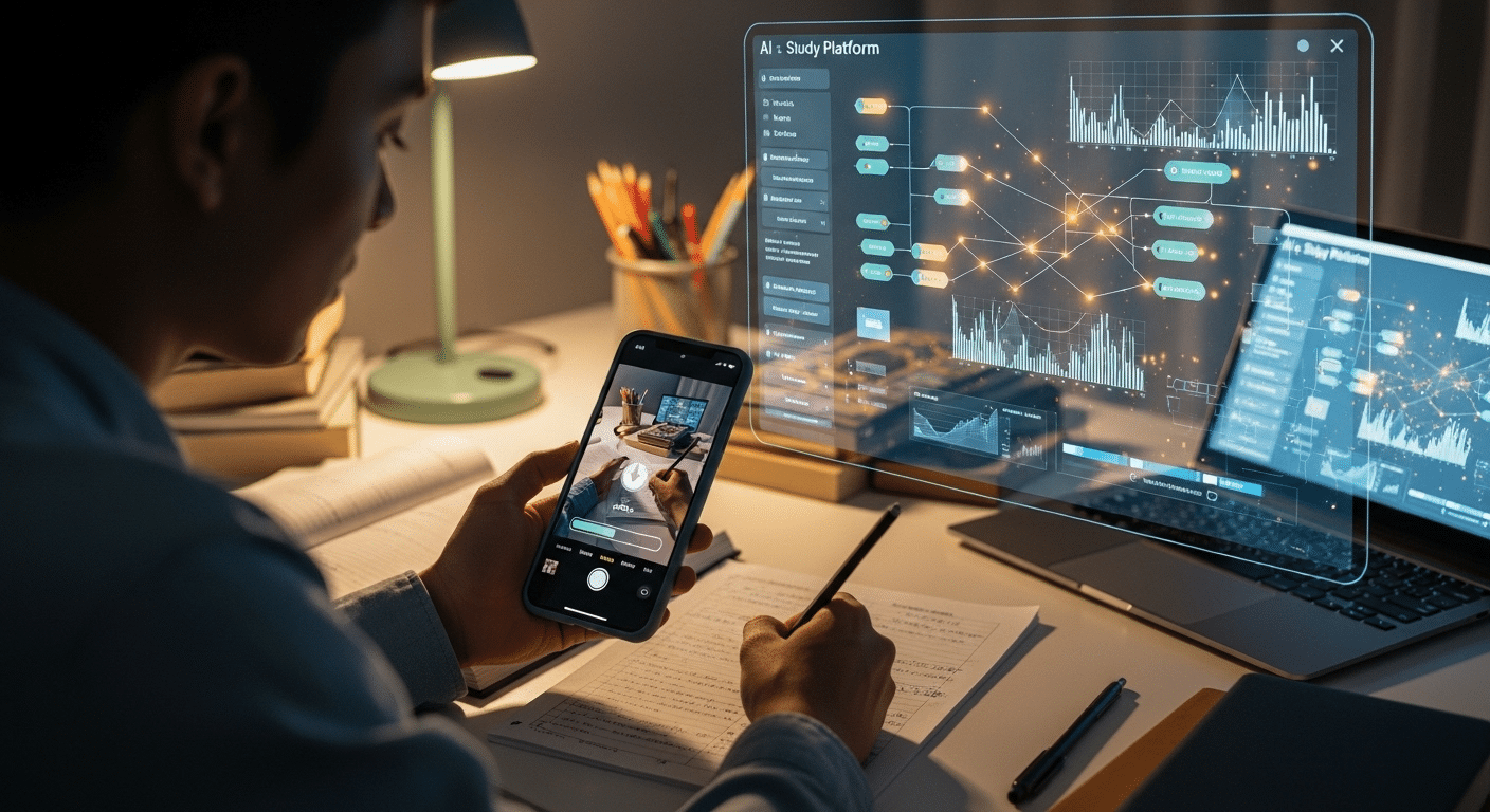"Student uploading a homework photo to an AI study platform with digital data processing visualization in the background.