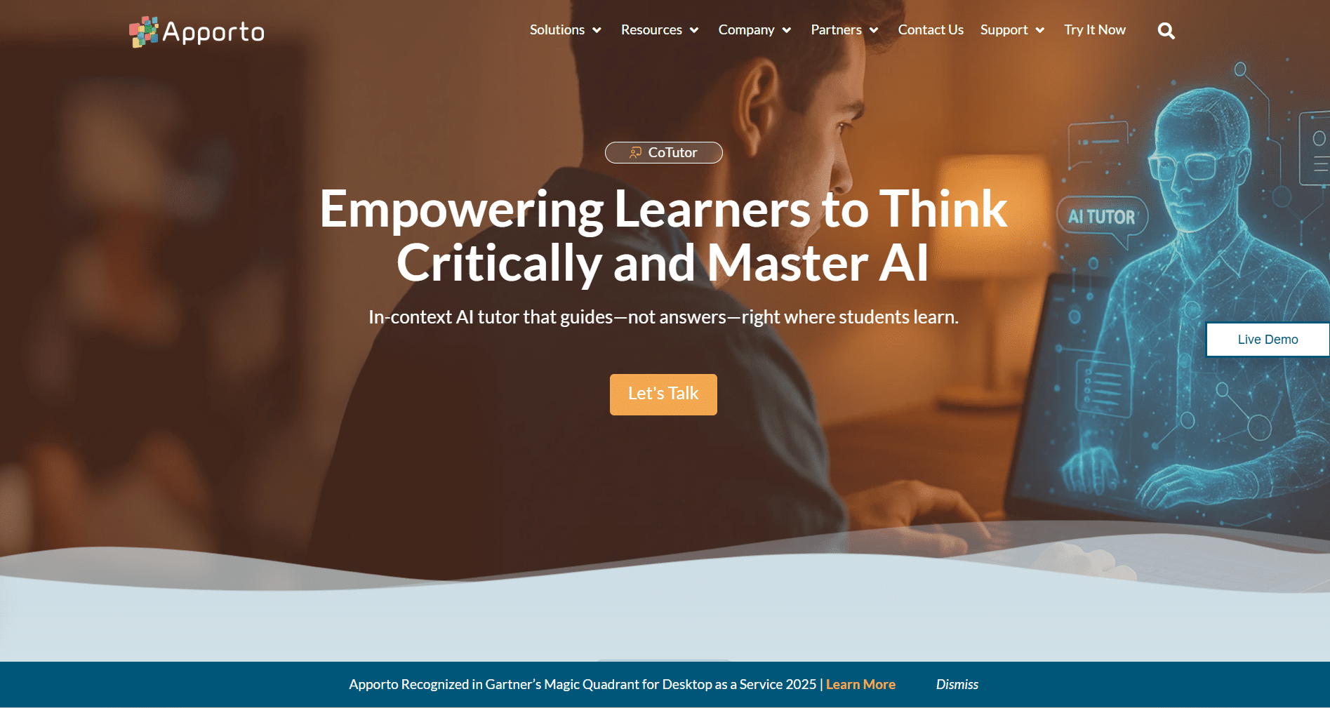 Apporto Cotutor page showing a student using a laptop alongside a holographic AI tutor interface with the headline “Empowering Learners to Think Critically and Master AI.”