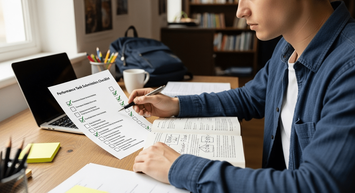 Student reviewing a checklist before submitting a performance task to ensure all standards are met.