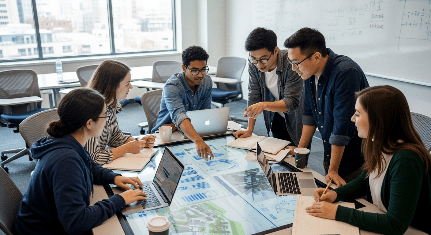 University students enthusiastically collaborating on a real-world project in a modern classroom.