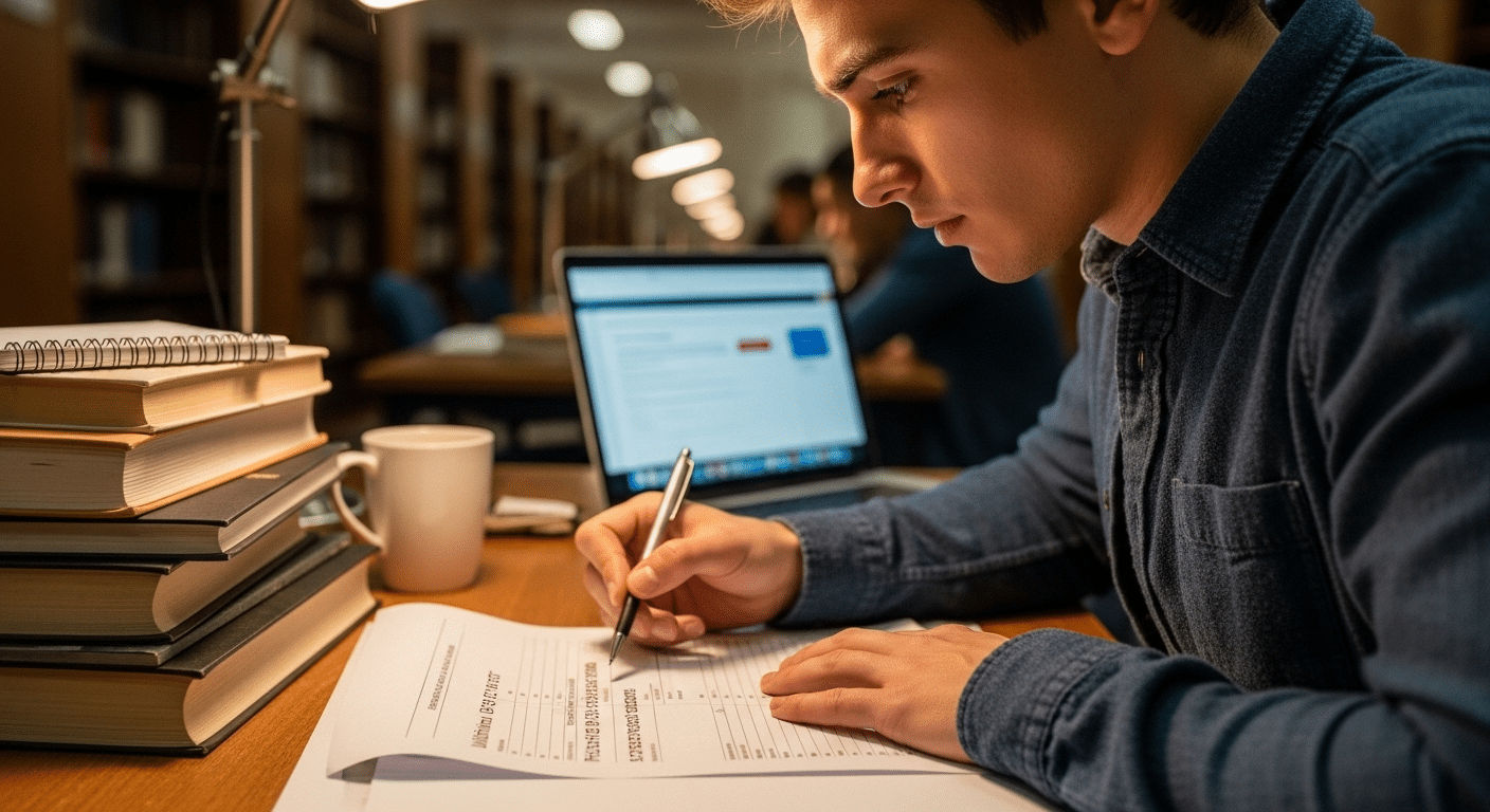 Graduate student reviewing transcript showing B average requirement for academic good standing.