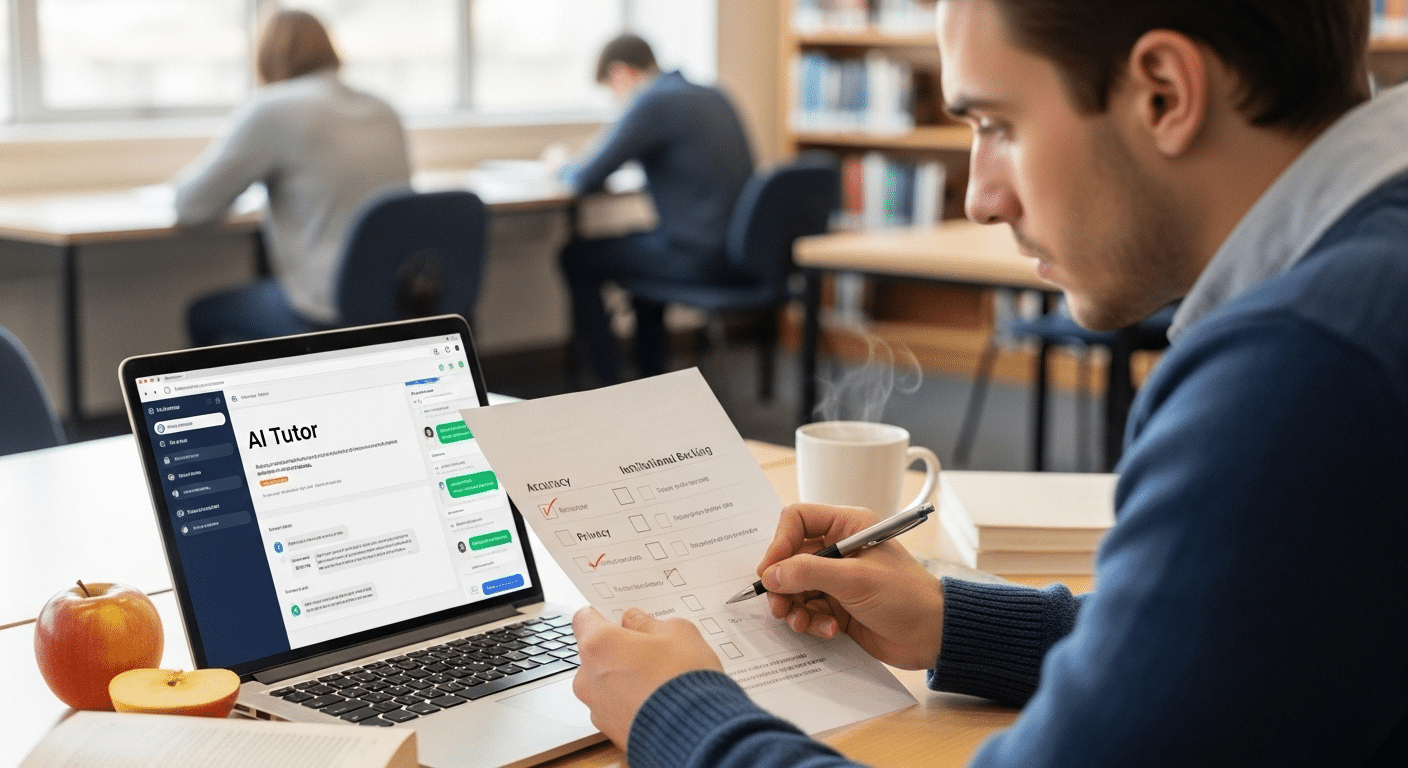 Student critically evaluating AI tutor platform with checklist for accuracy, privacy, and institutional backing.