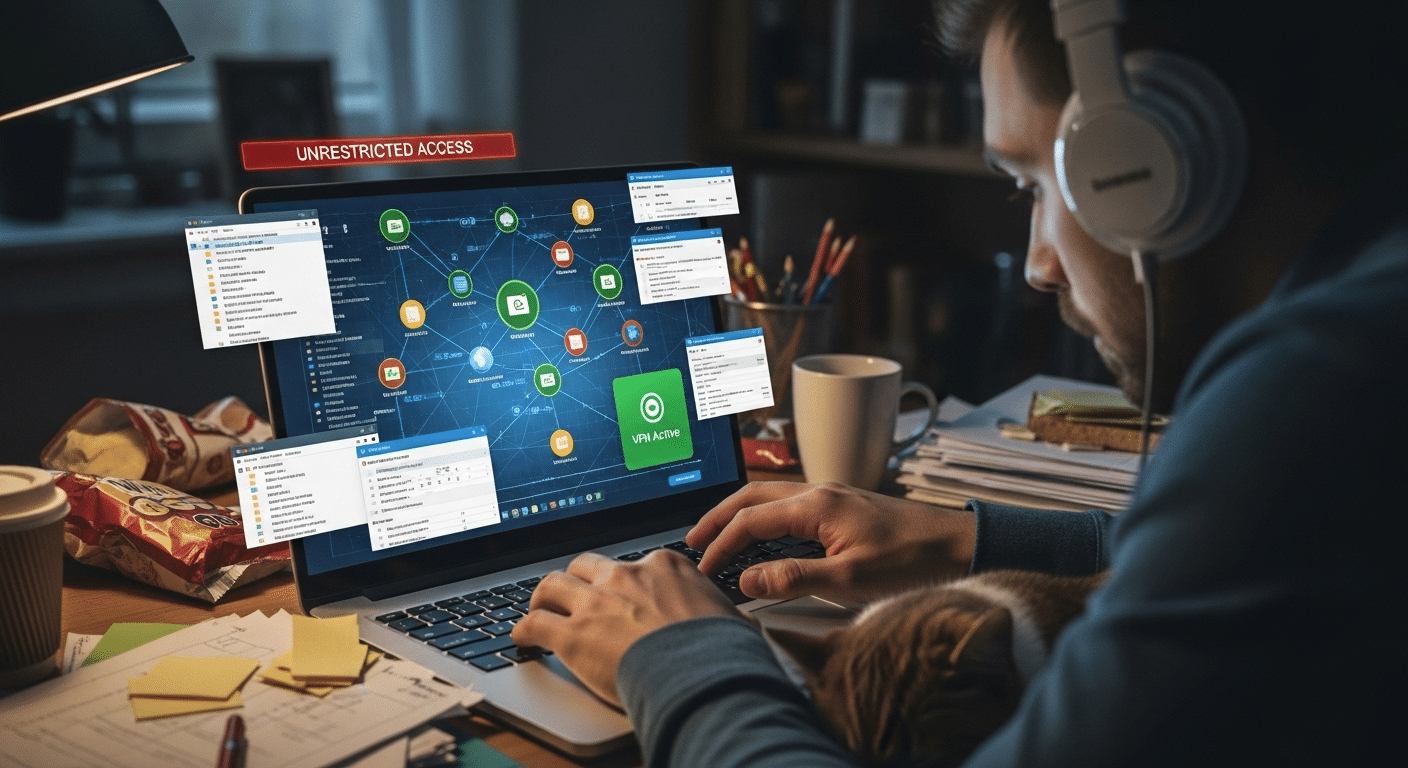 “Remote worker connected via VPN with unrestricted access to multiple network resources, emphasizing lack of least-privilege control.