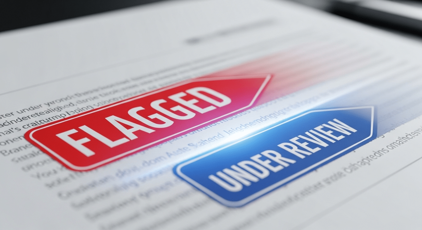 Concept illustration of a red ‘Flagged’ label on a document transitioning into a calm review process rather than rejection.