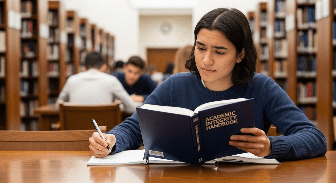 International student sitting in university library looking at academic integrity handbook with mixed expression of confidence and concern.