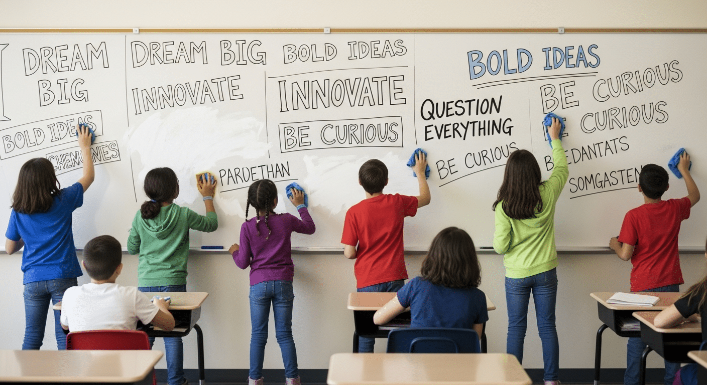 Classroom scene where students erase bold ideas from a whiteboard as large red grading marks hover overhead.