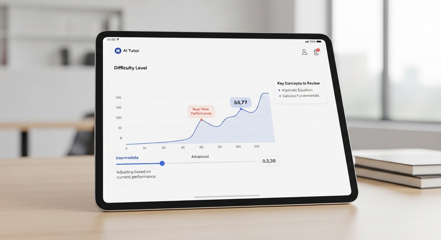Minimalist AI tutor dashboard adjusting difficulty level based on student performance analytics in real time.