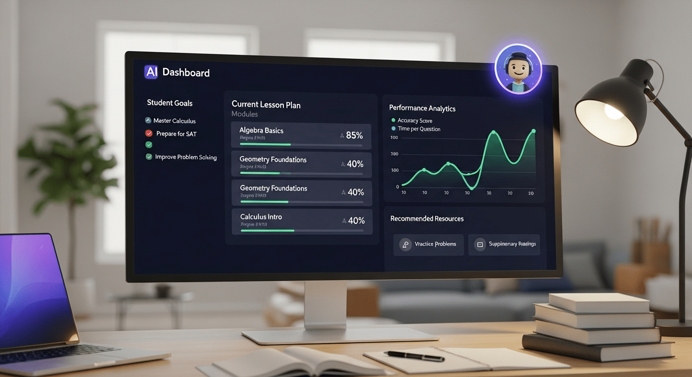 Adaptive AI tutor dashboard customizing lessons based on student goals and performance data.