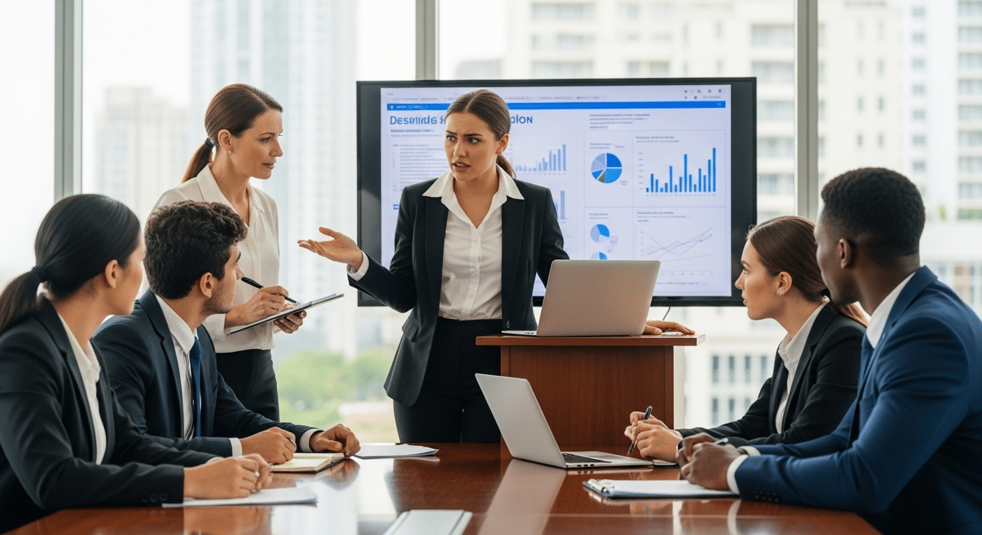 University students participating in a simulated boardroom presentation, defending decisions under pressure.