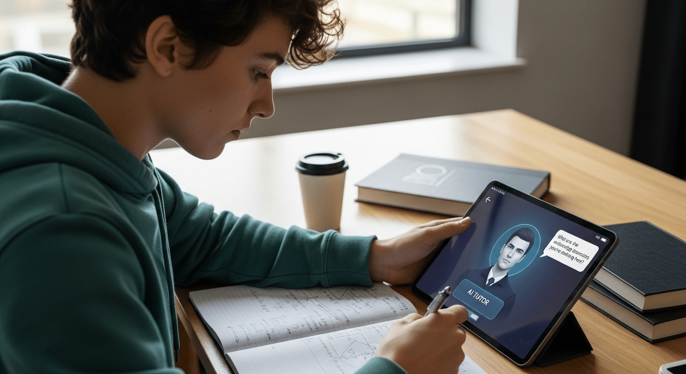 Student engaging in deep problem-solving while AI tutor prompts analytical questions instead of giving answers.