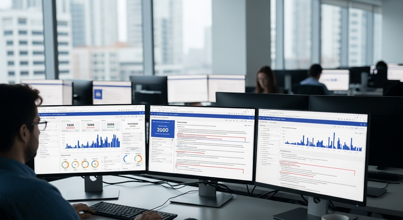 Professional academic setting with multiple AI detection dashboards displayed on screens, showing probability scores and highlighted text analysis.