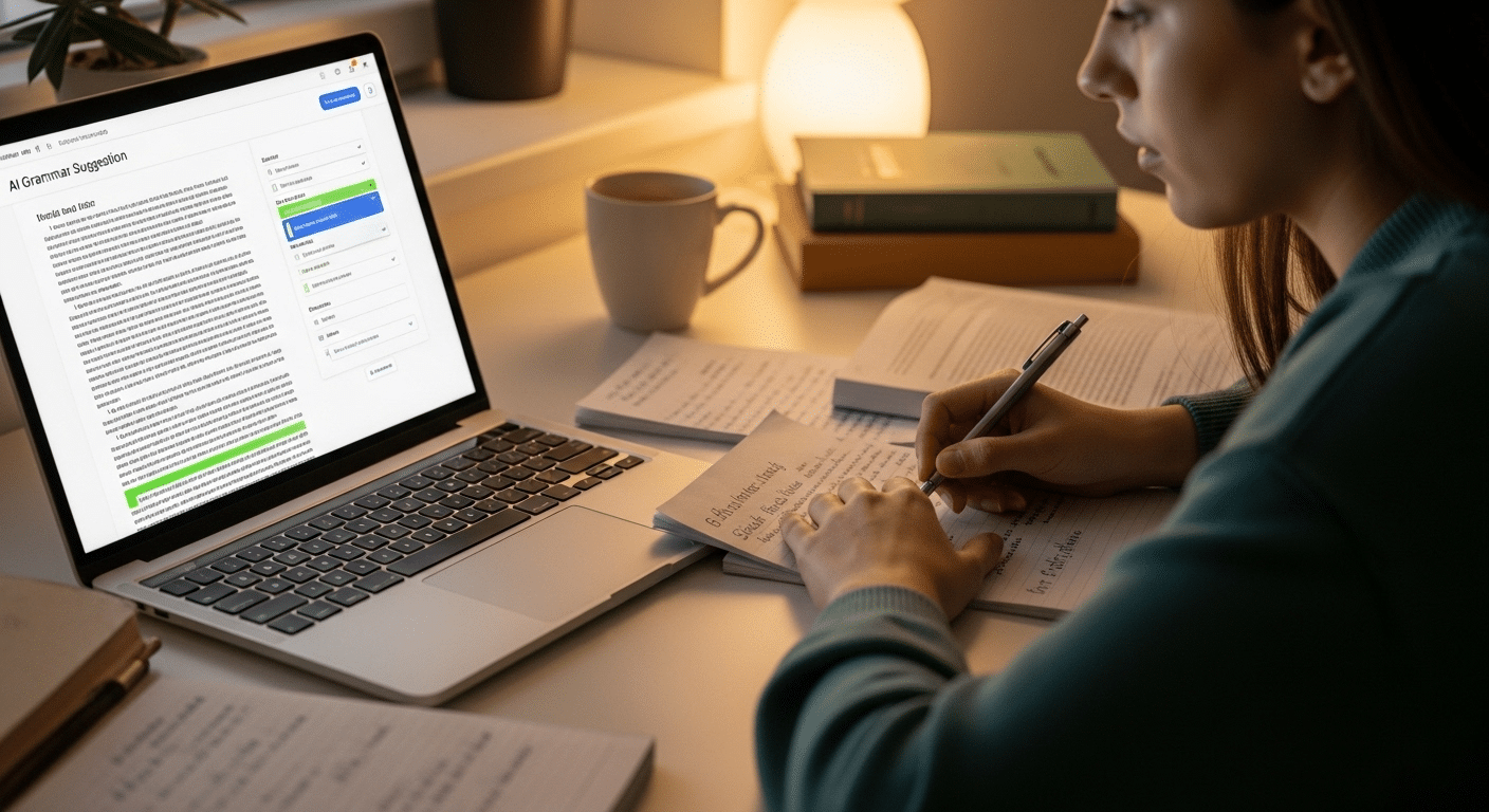 Student reviewing a college essay draft while using an AI grammar suggestion tool, with original handwritten notes visible beside the laptop.