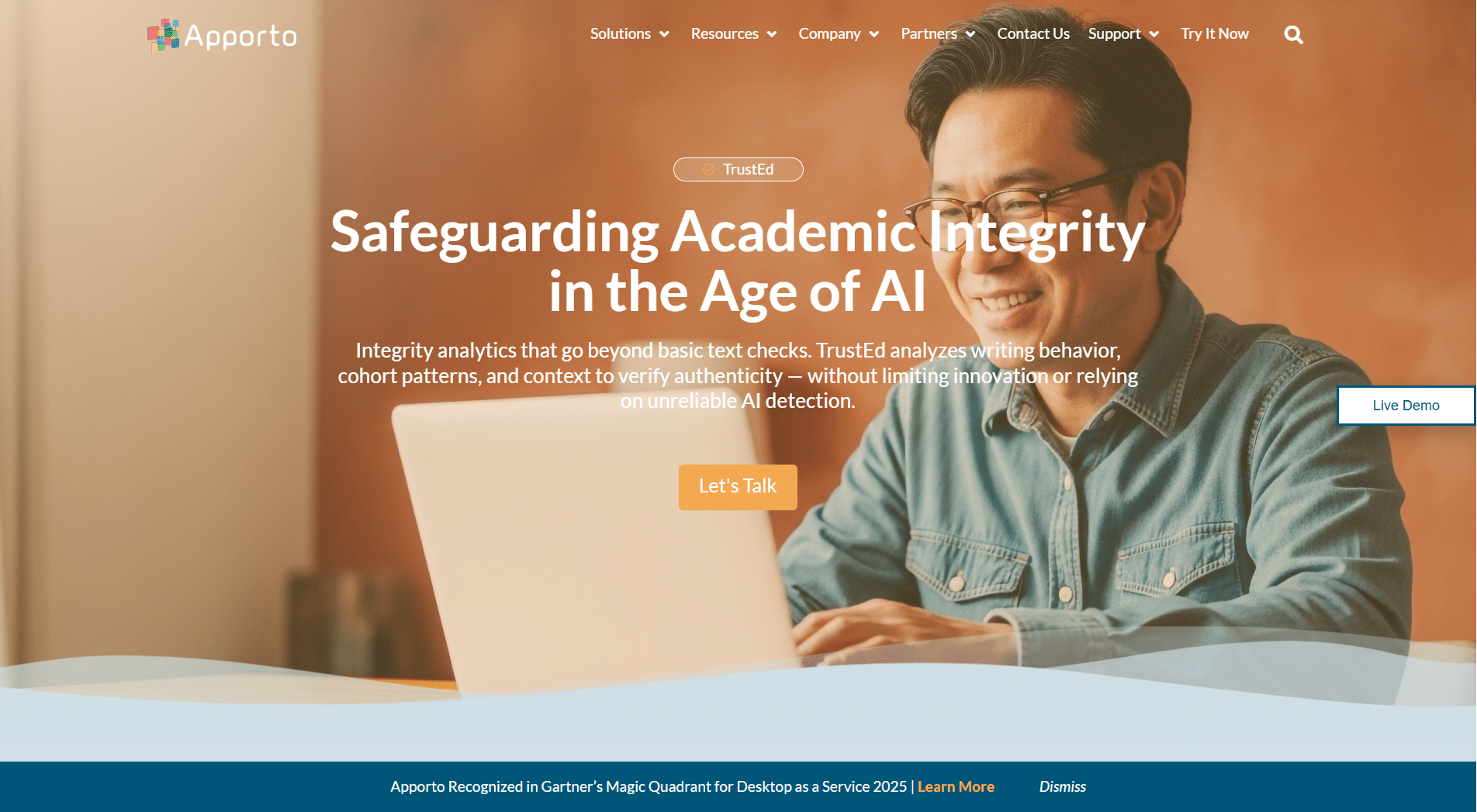 Apporto’s TrustEd platform showing “Safeguarding Academic Integrity in the Age of AI” with a man using a laptop and a “Let’s Talk” call-to-action button.