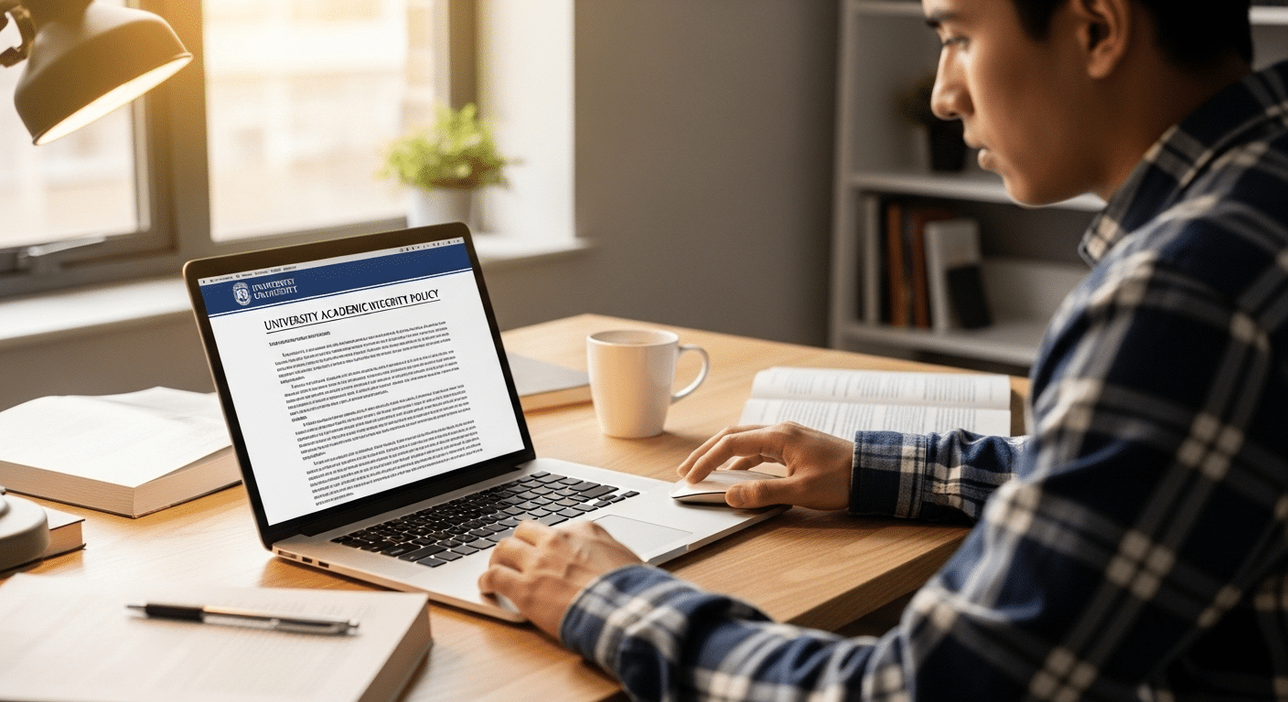 Student sitting at desk reviewing university academic integrity policy on laptop with focused expression.