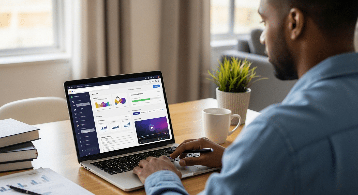 Professional studying online from home, balancing work and virtual learning with a laptop showing an online course dashboard.